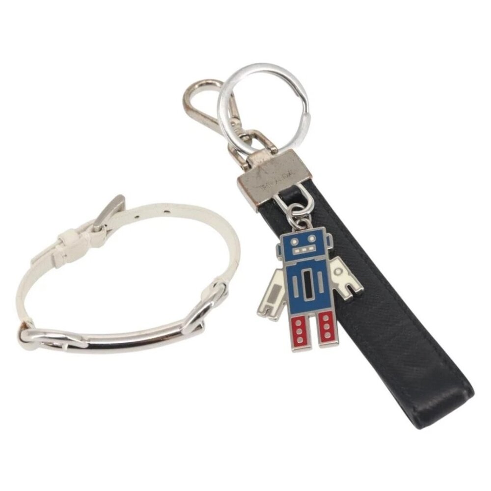 PRADA Charm Metal Leather 2 Set Black Silver Auth